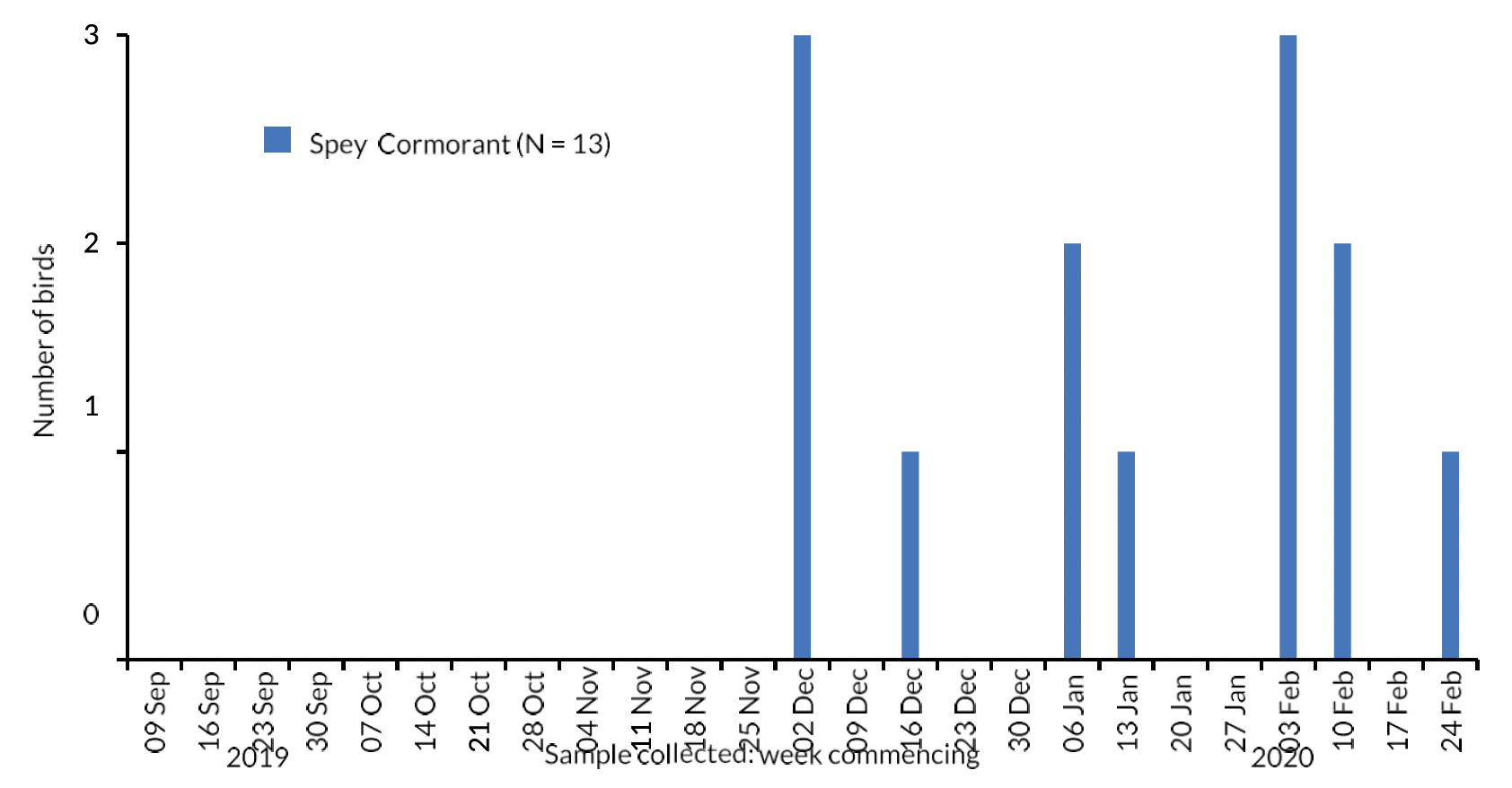 Bar chart of the number of R. Spey Cormorants collected each week during the autumn- winter period 2019/20.