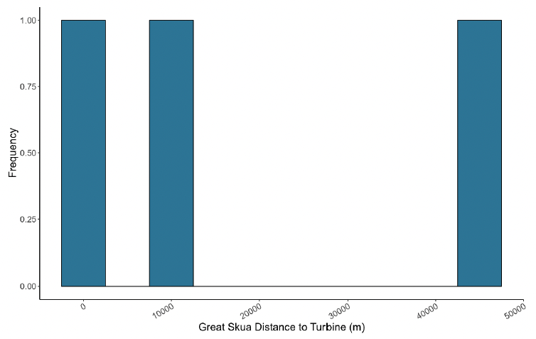 A histogram showing the distance of Herring gull to turbines in meters, with frequency on the y axis and distance to turbine on the x axis. The histogram peaks at around 30000 meters with a frequency of 8. There was no pattern to the remaining frequencies