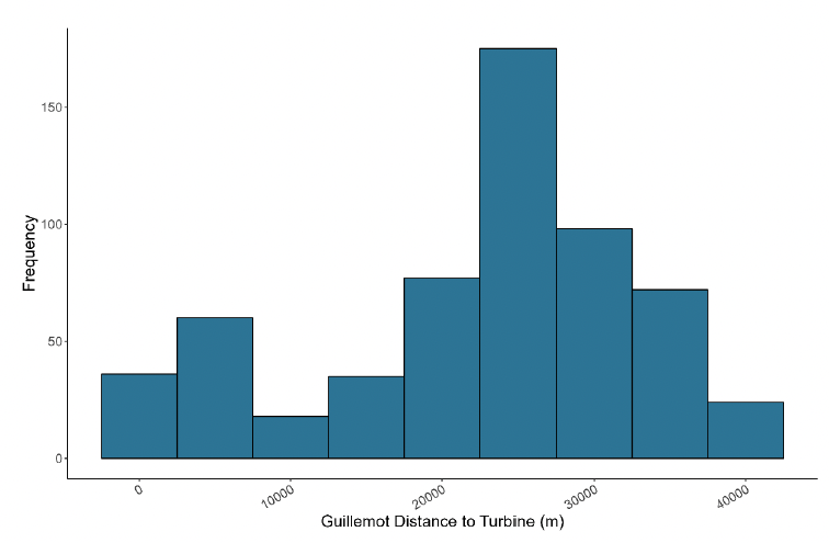 A histogram showing the distance of guillemot to turbines in meters in July, with frequency on the y axis and distance to turbine on the x axis. The histogram peaks at around 25000 meters with a frequency of 175. The remaining frequencies build up to and then decrease after this peak in a relative bell curve except for 0 and 5000 meters which are slightly higher than 10000