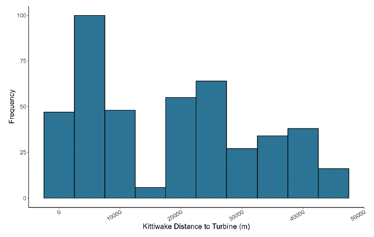 A histogram showing the distance of kittiwake to turbines in meters in July, with frequency on the y axis and distance to turbine on the x axis. The histogram peaks at around 5000 meters with a frequency of 100. The remaining frequencies ranged between 25-60 except for 15000 and 45000 which were less than 15