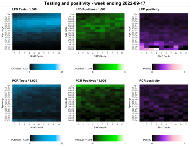 A series of heatmaps showing variation in testing outcomes comparing Lateral Flow and PCR testing considering age and deprivation status of the data zone of record based on data to 17th September 2022.
