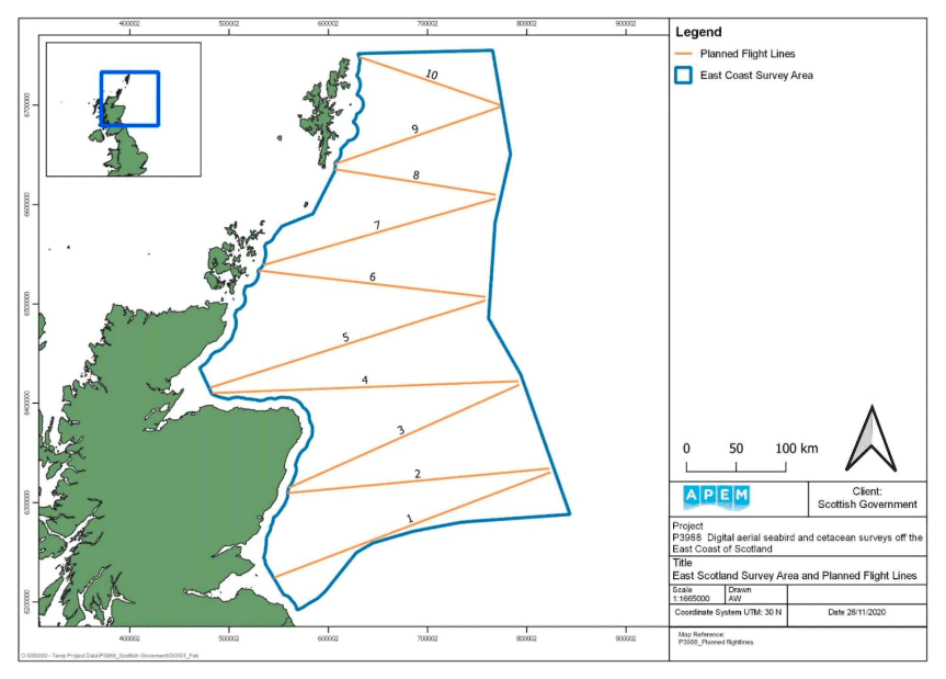 A map showing the ten planned flight lines along the East Coast of Scotland Survey Area. The map shows ten diagonal lines across the sea adjacent to the East Coast within the Survey Area.