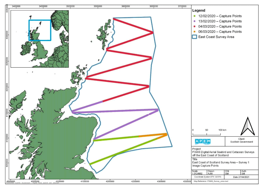 A map showing the capture points along the East Coast of Scotland Survey Area 1. The map shows diagonal lines in different colours, each representing a differing survey date in 2020 and the corresponding capture point. 