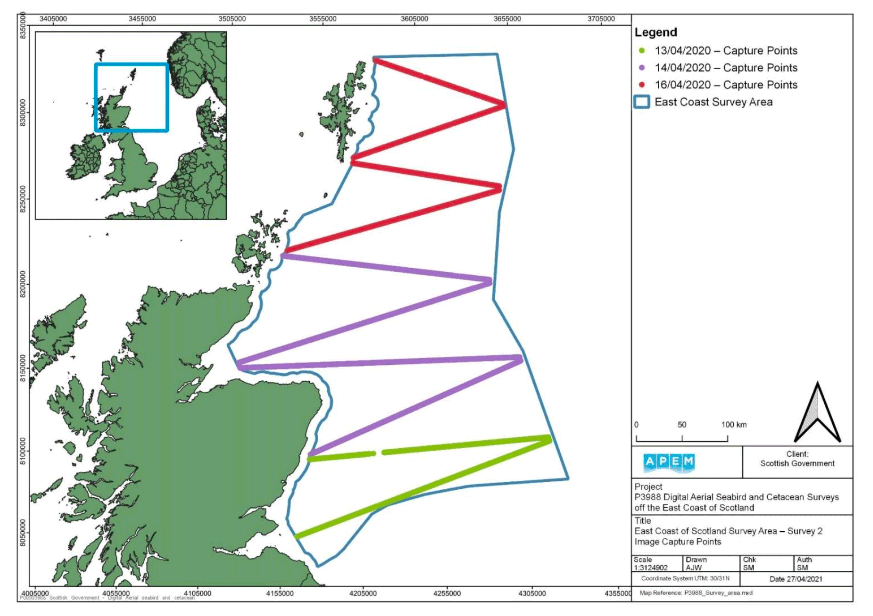 A map showing the capture points along the East Coast of Scotland Survey Area for Survey 2. The map shows diagonal lines in different colours, each representing a differing survey date in 2020 and the corresponding capture point.