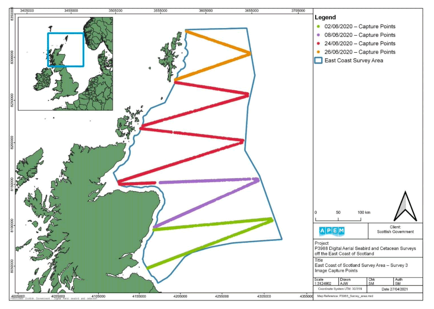 A map showing the capture points along the East Coast of Scotland Survey Area for Survey 3. The map shows diagonal lines in different colours, each representing a differing survey date in 2020 and the corresponding capture point.