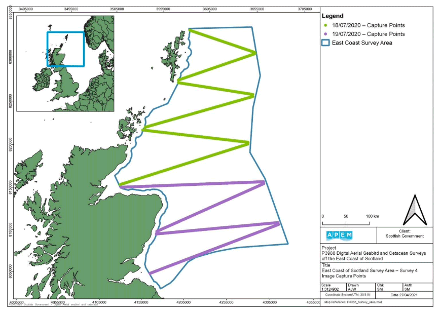 A map showing the capture points along the East Coast of Scotland Survey Area for Survey 4. The map shows diagonal lines in different colours, each representing a differing survey date in 2020 and the corresponding capture point.