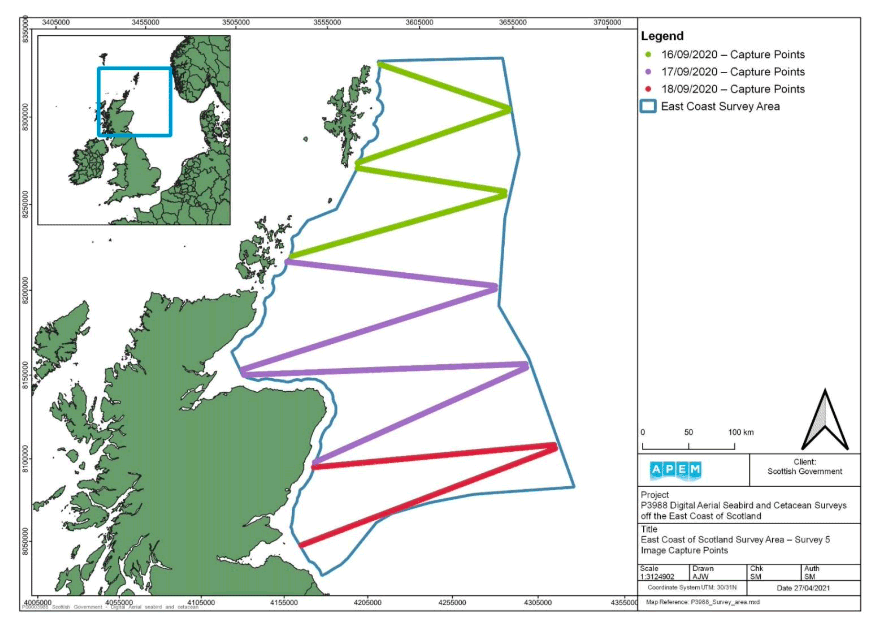 A map showing the capture points along the East Coast of Scotland Survey Area for Survey 5. The map shows diagonal lines in different colours, each representing a differing survey date in 2020 and the corresponding capture point.