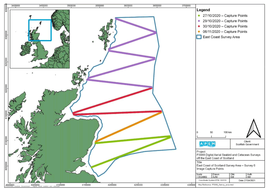 A map showing the capture points along the East Coast of Scotland Survey Area for Survey 6. The map shows diagonal lines in different colours, each representing a differing survey date in 2020 and the corresponding capture point.