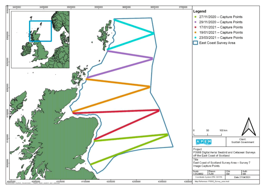 A map showing the capture points along the East Coast of Scotland Survey Area for Survey 7. The map shows diagonal lines in different colours, each representing a differing survey date in 2020 and the corresponding capture point.