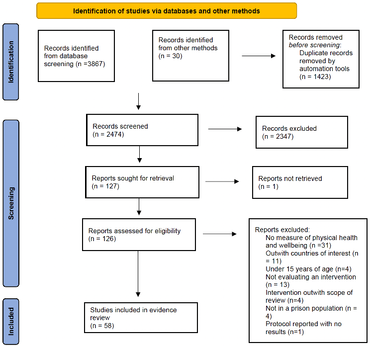 Flow chart showing the methods used to identify studies to include in this review. The main steps are identification from a data base and screening for eligibility. It begins with 3867 studies identified and ends with 58 included in this report.