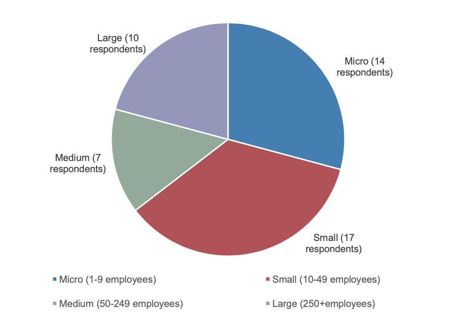 Figure 1 provides an overview of the size of the businesses and organisations that responded to the survey. For example, the chart shows that the largest proportion of responses (17, or 35%) were received from small organisations, followed by micro organisations (14, or 29%).