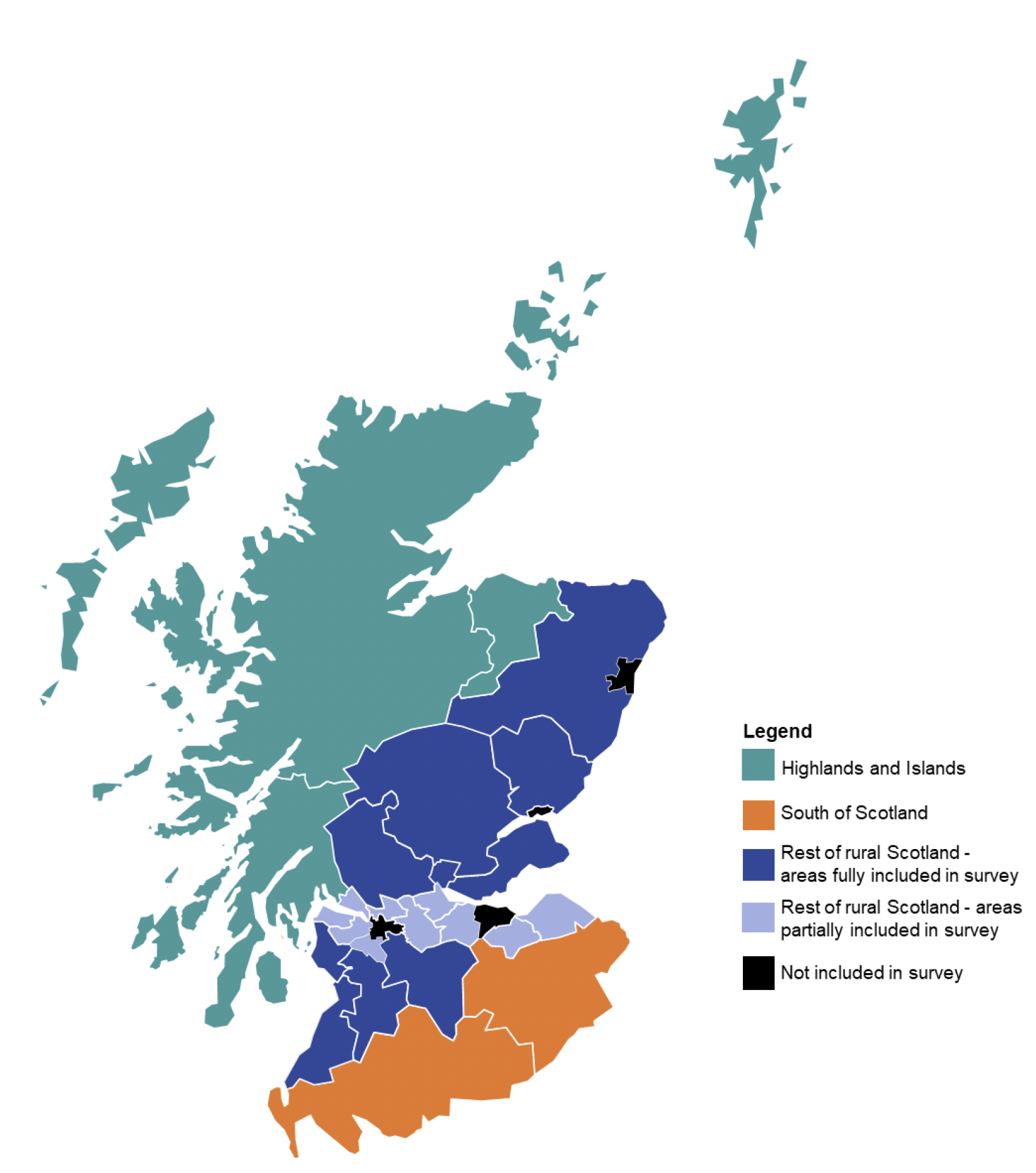 Map showing areas of Scotland covered by survey, including Highlands and Islands, South of Scotland, and some areas in rest of rural Scotland