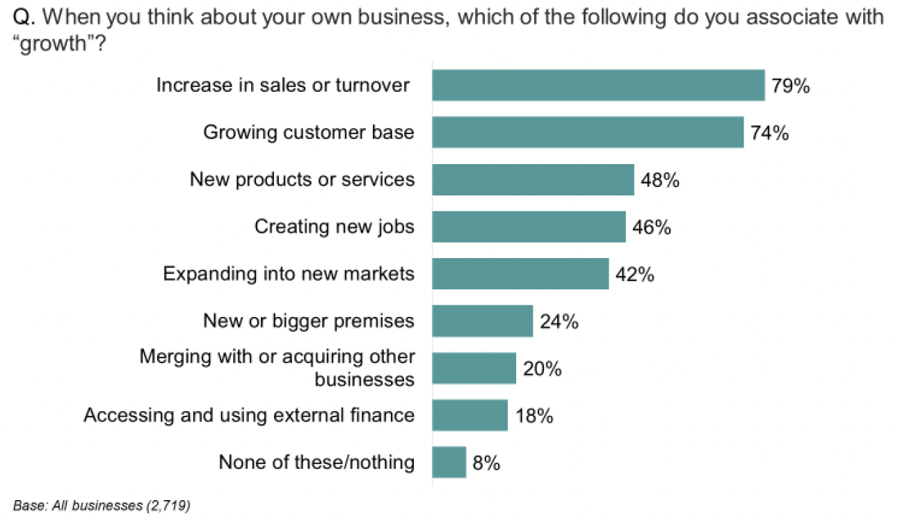 Bar chart showing that businesses an increase in sales or turnover is most associated with the word ‘growth’