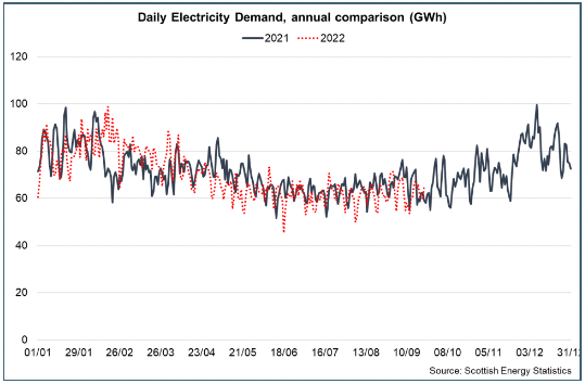 Line graph showing daily electricity demand across the year in 2021 and 2022.