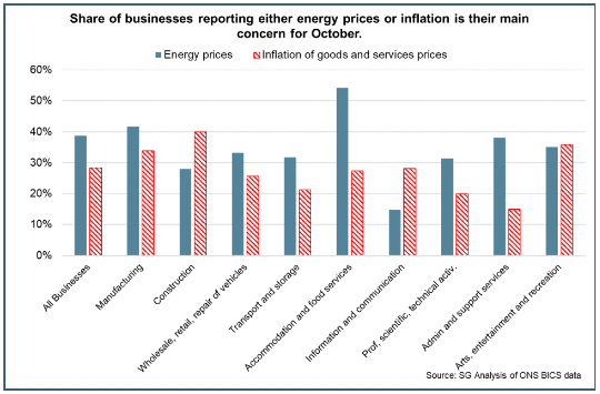Bar chart of the proportion of businesses, by sector, reporting energy prices or inflation of goods and services as their main concern for October 2022.