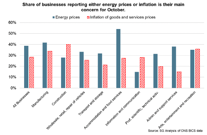Bar chart of the proportion of businesses, by sector, reporting energy prices or inflation of goods and services as their main concern for October 2022.