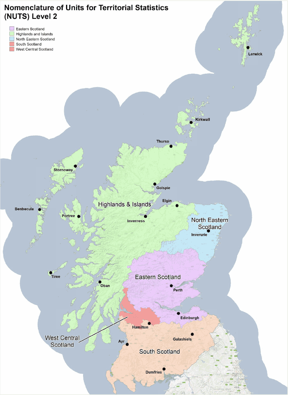 Map of Scotland divided into the five NUTS2 Regions; Eastern Scotland, Highlands and Islands, North Eastern Scotland, South Scotland and West Central Scotland.