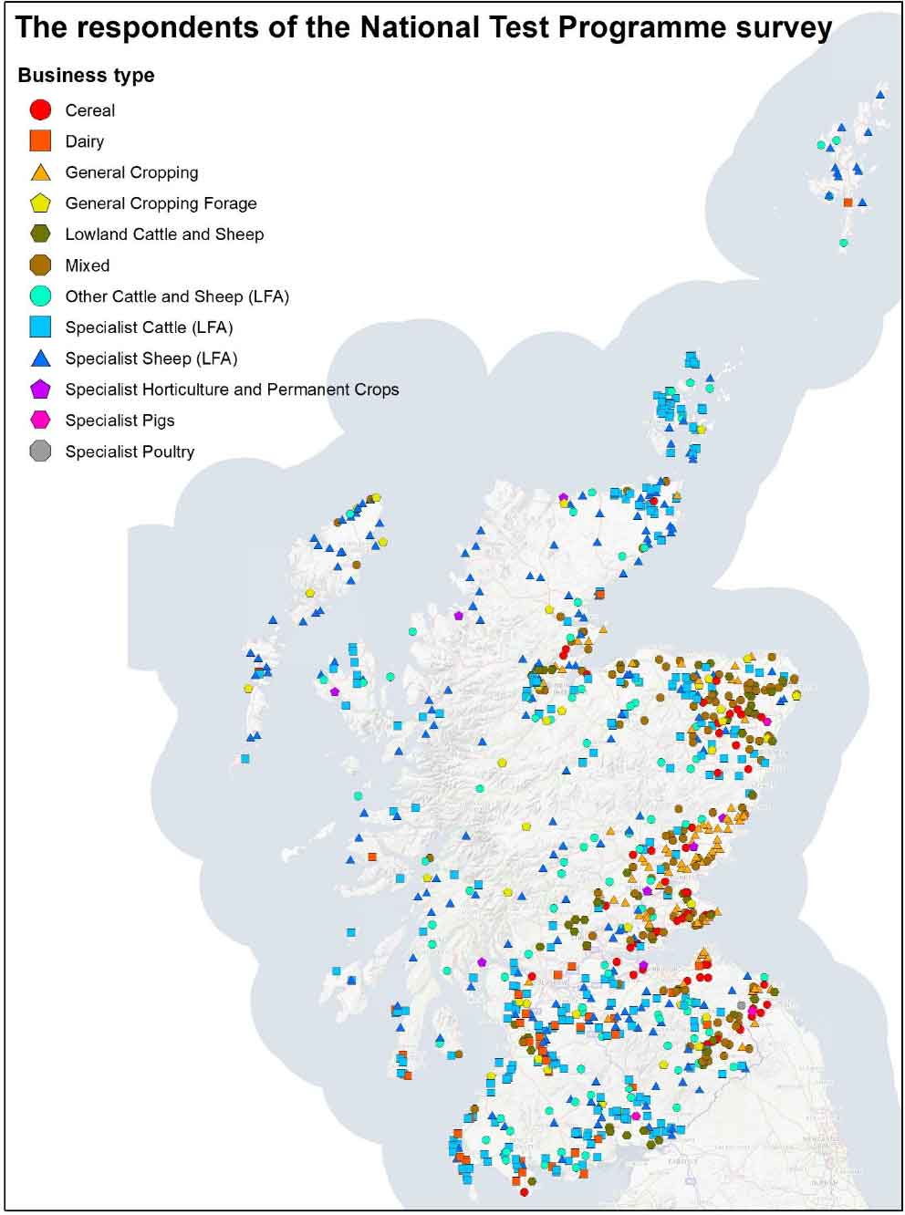 Map of Scotland displaying all respondents locations, categorised by their business type.