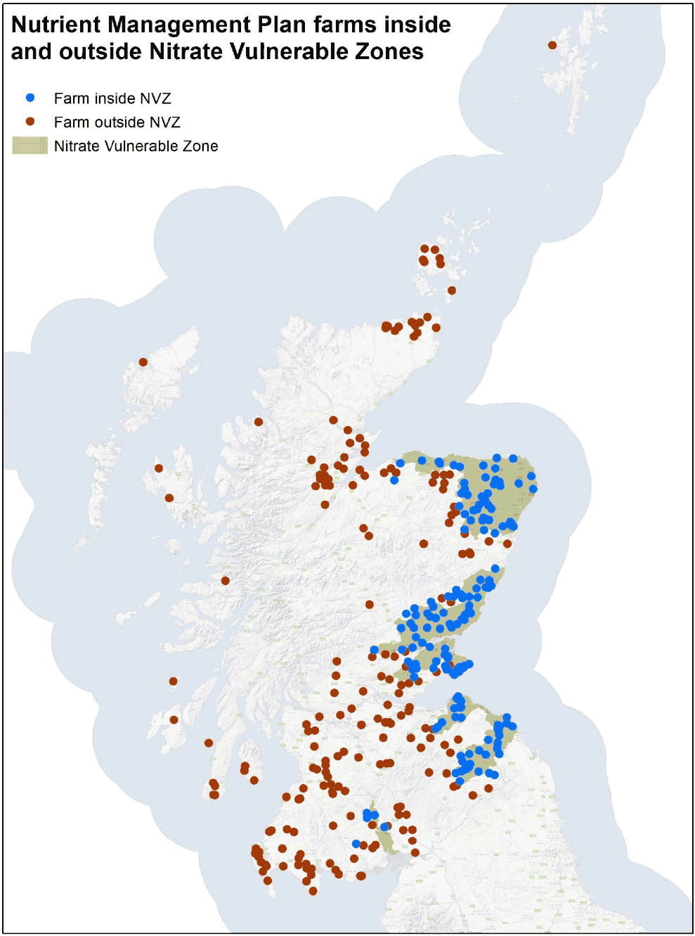Map of Scotland displaying all famrs undertaking a nutrient mangagement plan and their location in relaiton to Nitrate Vulnerable Zones (NVZs).