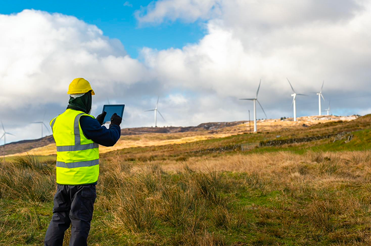 A man using a digital tablet whilst out working on a wind farm.