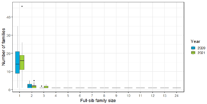 The distribution of different family sizes across the two years of sampling. Family sizes are shown to be mostly single-sib groups, with a small number of 2 and 3 sib groups.