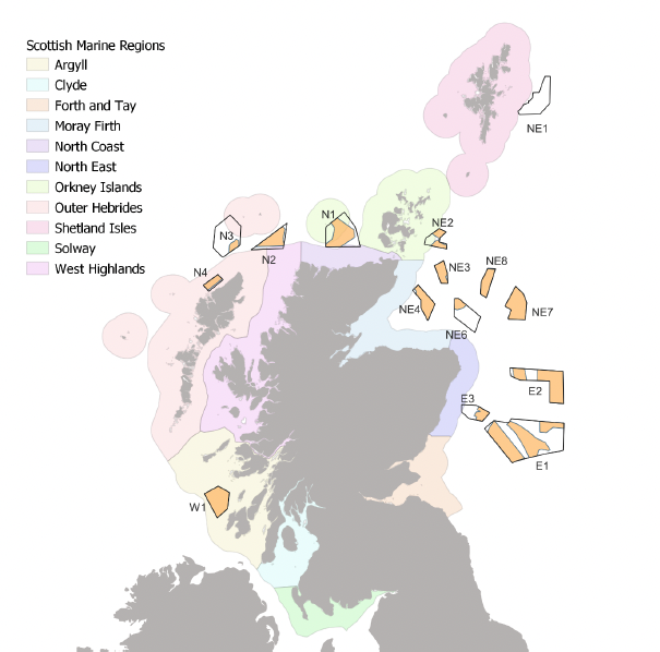 Map of Scotland with Scottish Marine Regions shown; Argyll, Clyde, Forth and Tay, Moray Firth, North Coast, North East, Orkney Islands, Outer Hebrides, Shetland Isles, Solway, West Highlands. Additionally overlayed with ScotWind leasing areas W1 in Argyll, N4 and N3 in the Outer Hebrides, N2 crossing Outer Hebrides and North Coast. N1 and NE2 in the Orkney Islands, NE1 adjecent to the Shetland Isles region. NE3, 4, 6, 7 and 8 in the North East of Scotland outside of the Moray Firth Region. E1, E2 and E3 to the East of Scotland outside of the North East Region. 