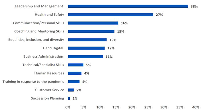A graph showing in percentages the different types of training employees have undertaken based on the employee survey.