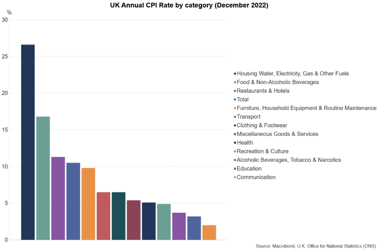 Bar chart showing the annual CPI inflation rate for goods and services categories in December 2022.
