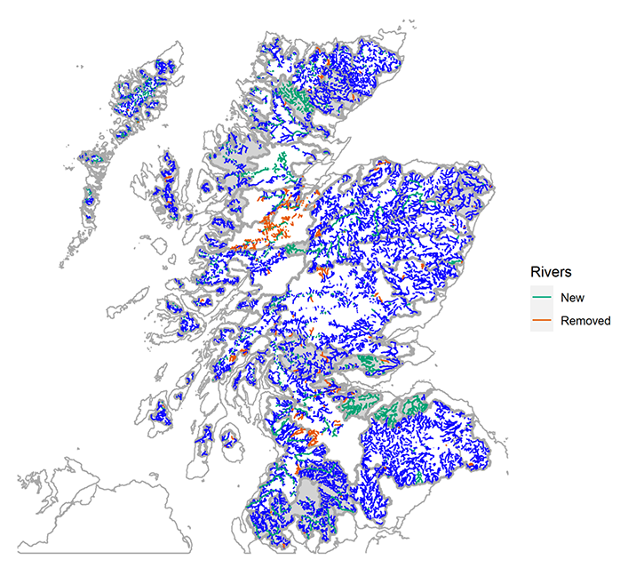 Map of Scotland showing the rivers where samples could occur and how these have changed between 2019 and 2021. Polygons show where new regions have been added as strata.