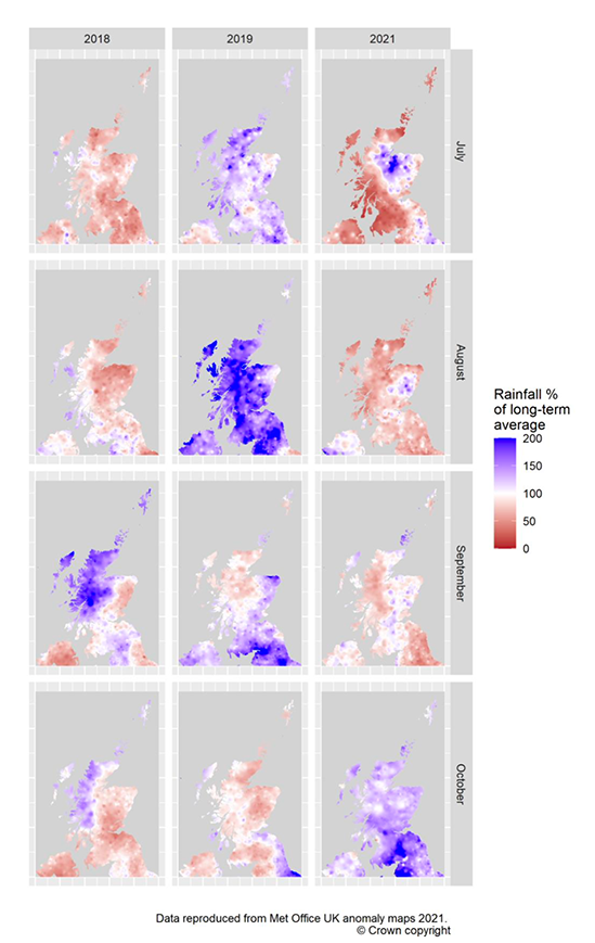 12 Panel plot showing precipitation anomaly maps. The three columns show the years 2018, 2019 and 2021. The four rows show the months July, August, September and October