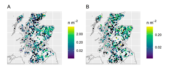 Two panel plot containing maps of Scotland, covered with coloured points that show spatial variability in the densities of trout fry and parr