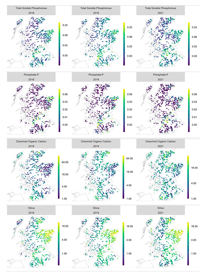 12 panel plot with a map in each panel showing the spatial variability in total phosphorous, phosphate, dissolved organic carbon and silica in each of the survey years 2018, 2019, and 2021. Years are plotted as columns, chemical determinands are plotted as rows.