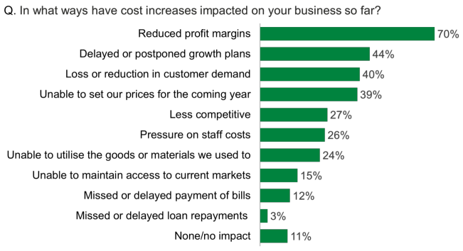 Bar chart showing that reduced profit margins was the most common impact on businesses as a result of cost increases