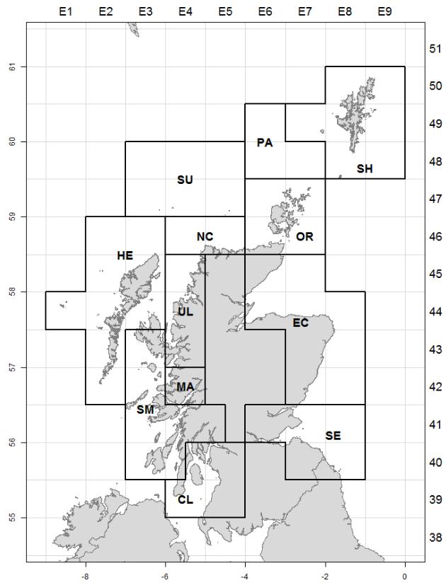 shows a map with the crab and lobster fishery assessment areas in Scotland distributed around Scottish waters.