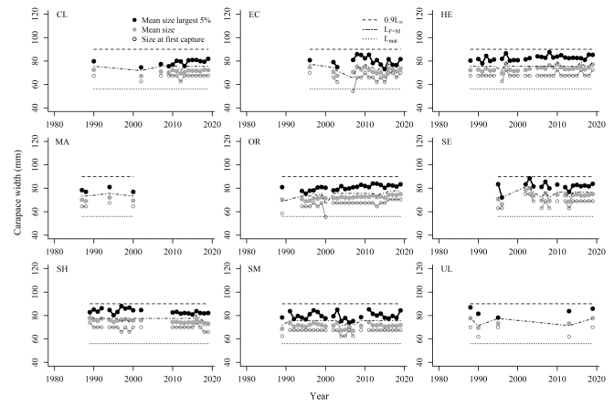 shows velvet crab female trends in the mean size in landings, mean size of the largest 5% of individuals and size at first capture by assessment area in the period 1981-2019. Each of the mentioned variables are compared to the respective reference points. A minimum of 50 individuals was used each year to calculate mean sizes.