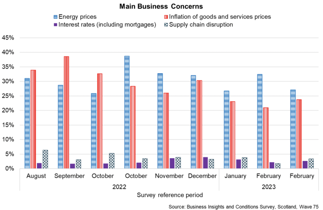 Bar chart showing the highest proportion businesses are reporting energy prices as their main business concern followed by inflation of goods and services prices while lower proportions are reporting supply chain disruption and interest rates.