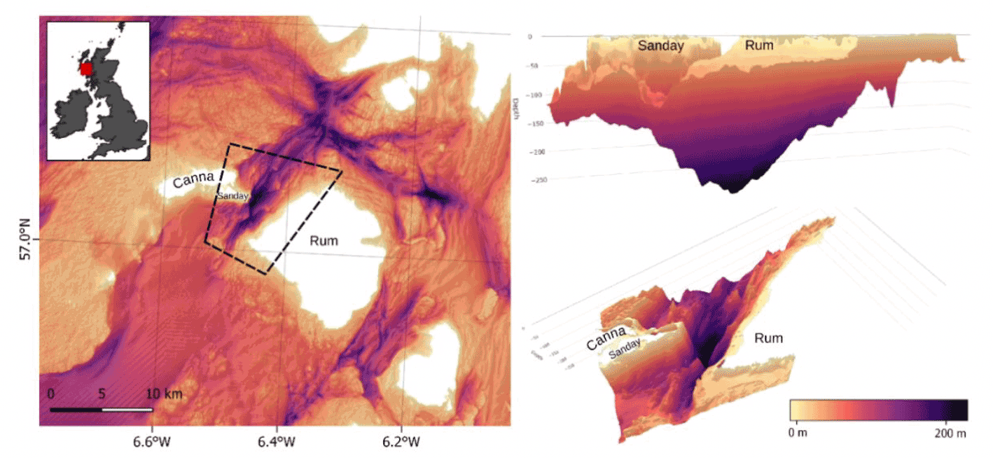The seafloor at the Sound of Canna between Canna and the Isle of Rum is steep and complex. The seafloor topography is shown in 2D and 3D.