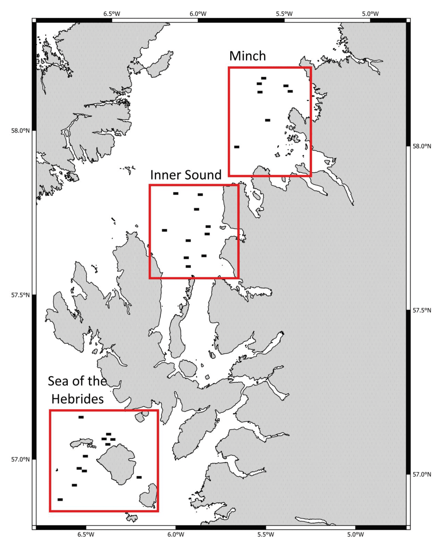 Survey boxes for the fishing effects study are located in the Minch (northeast: top right), inner sound (middle) and Sea of the Hebrides (southwest: bottom left).