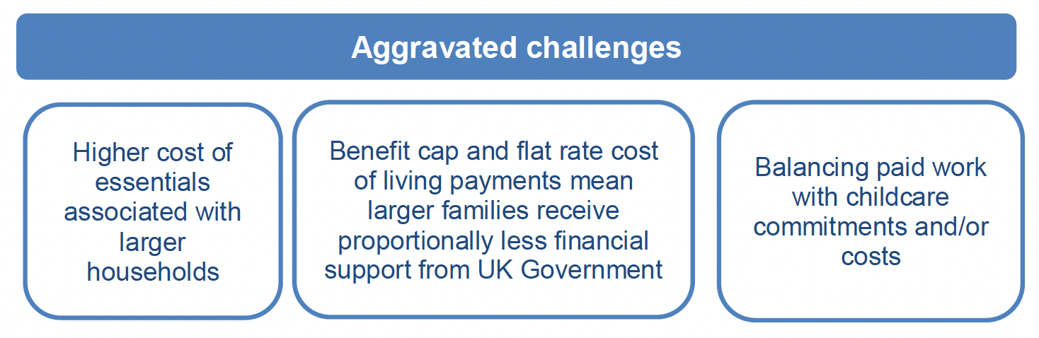 The aggravated challenges for larger families includes: higher cost of essentials; benefit cap and flat rate cost of living payments mean larger families receive proportionally less financial support from UK Government; and, balancing paid work with childcare commitments and/or costs.