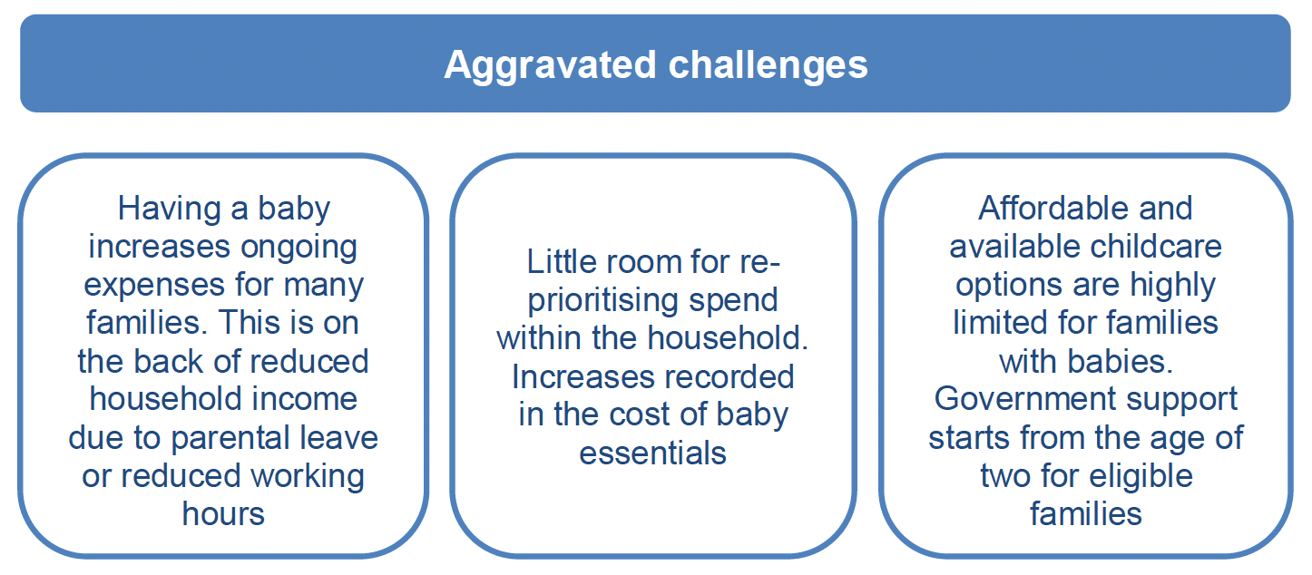 The aggravated challenges for households with a child under one year old includes: having a baby increases ongoing expenses for many families; little room for re-prioritising spend within the household, including increases recorded in the cost of baby essentials; and, affordable and available childcare options are limited for families with babies.