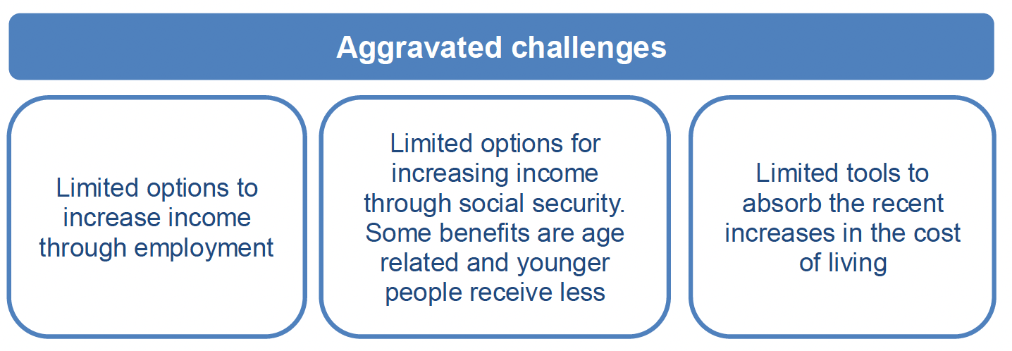 The aggravated challenges for households with a mother under 25 years old includes: limited options to increase income through employment; limited options for increasing income through social security; and, limited tools to absorb the recent increases in the cost of living.