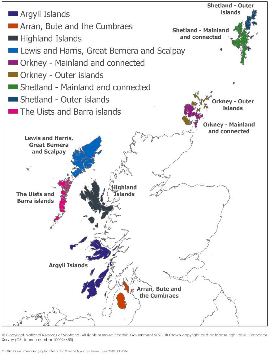This image shows a map of the Scottish Island Regions as revised in 2023. It contains the National Records of Scotland Islands within six Council Areas that contain islands as defined by the Islands (Scotland) Act 2018.  The local government areas are the areas of— (a)Argyll and Bute Council, (b)Comhairle nan Eilean Siar, (c)Highland Council, (d)North Ayrshire Council, (e)Orkney Islands Council, (f)Shetland Islands Council which have been assigned to nine Scottish Island Regions.  The nine Scottish Island Regions are Argyll Islands; Arran, Bute and the Cumbraes; Highland Islands; Lewis and Harris, Great Bernera and Scalpay; Orkney - Mainland and connected; Orkney - Outer islands; Shetland - Mainland and connected; Shetland - Outer islands; The Uists and Barra islands.').  Each island is colour coded depending on which Island region it falls in to.  The detail of which islands are in each regions is fully described on a different page.  
