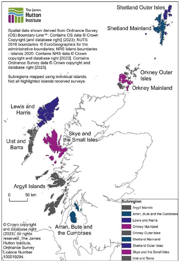 This image shows a map of Scotland with Scotland’s islands grouped and colour coded into the James Hutton Institute framework from 2020 of 9 distinct island regions.  The detail of which islands are in each regions is fully described on a different page.