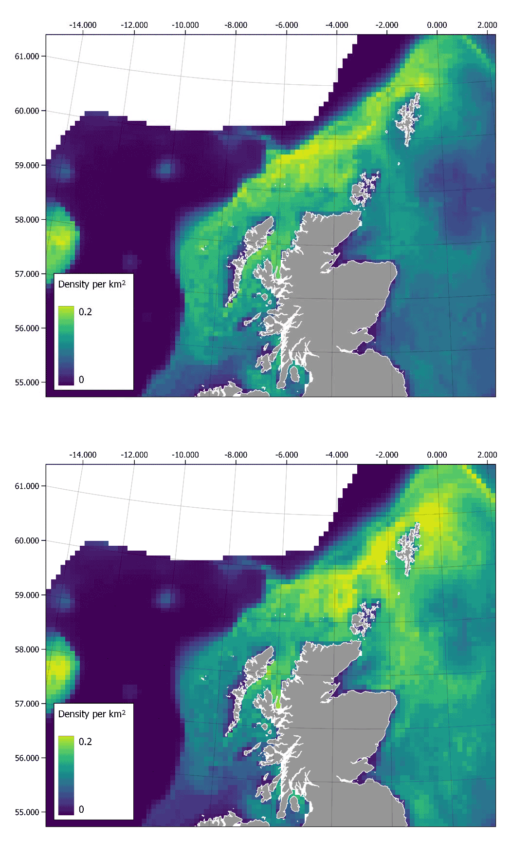 Two maps of Scotland showing predicted white beaked dolphin densities in January and July. Densities are highest in the north sea region immediately east of Aberdeenshire and Moray, and along frontal features west of the outer Hebrides. Densities are somewhat comparable between seasons with a slight increase in July when compared with January.