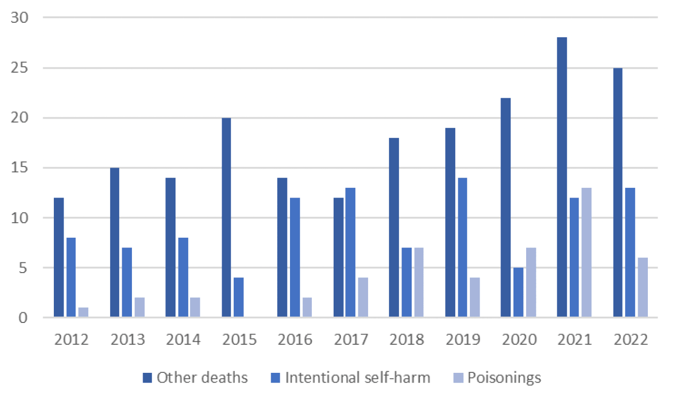 Bar chart showing the number of deaths in custody by cause of death. 