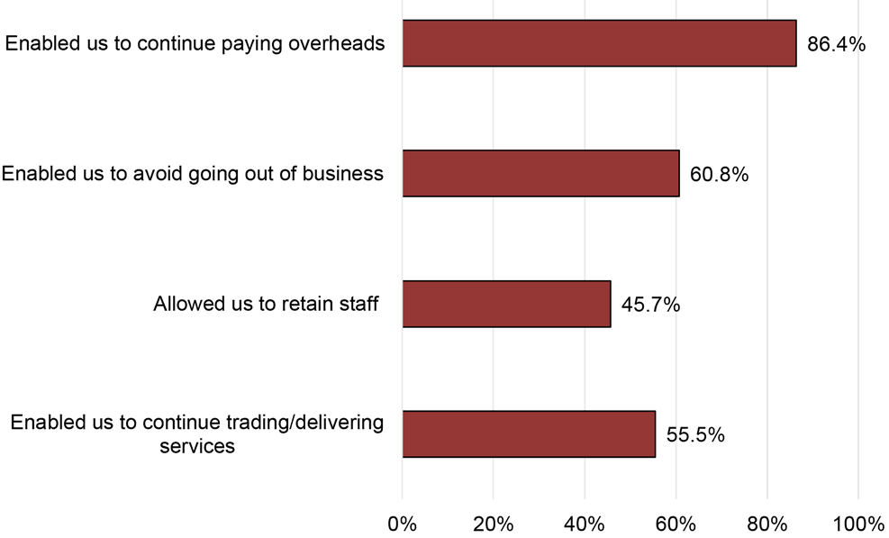 of the impact of funding, on the funding organisations. For example, it shows that 60.8% of responding organisations indicated that the funding had enabled them to avoid going out of business.