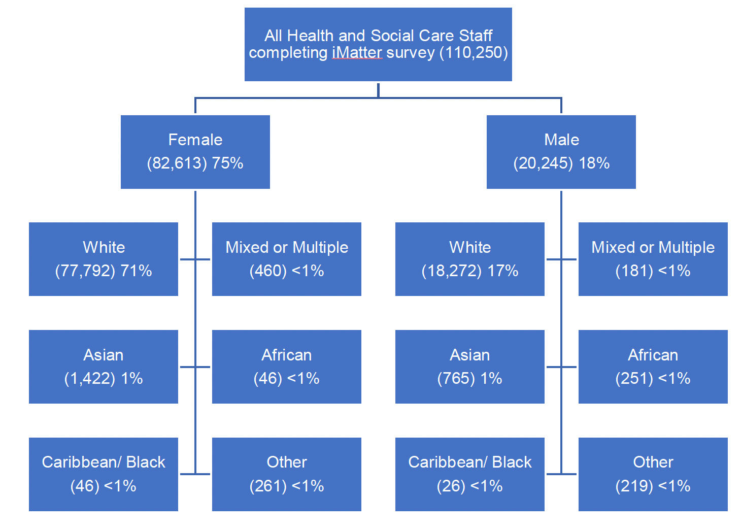 Comparison of the number of female and male health and social care staff broken down by ethnic group.  Appendix 3 presents numbers in an accessible format. 