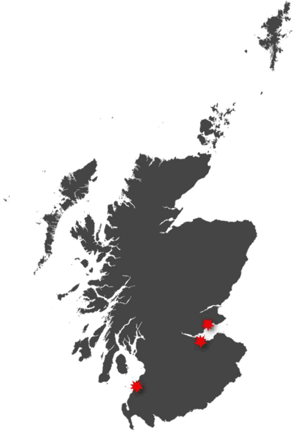Locations of the three facilities in Scotland defined as undertaking distilling, rectifying and blending of spirits in the UK Pollution Release and Transfer Register.