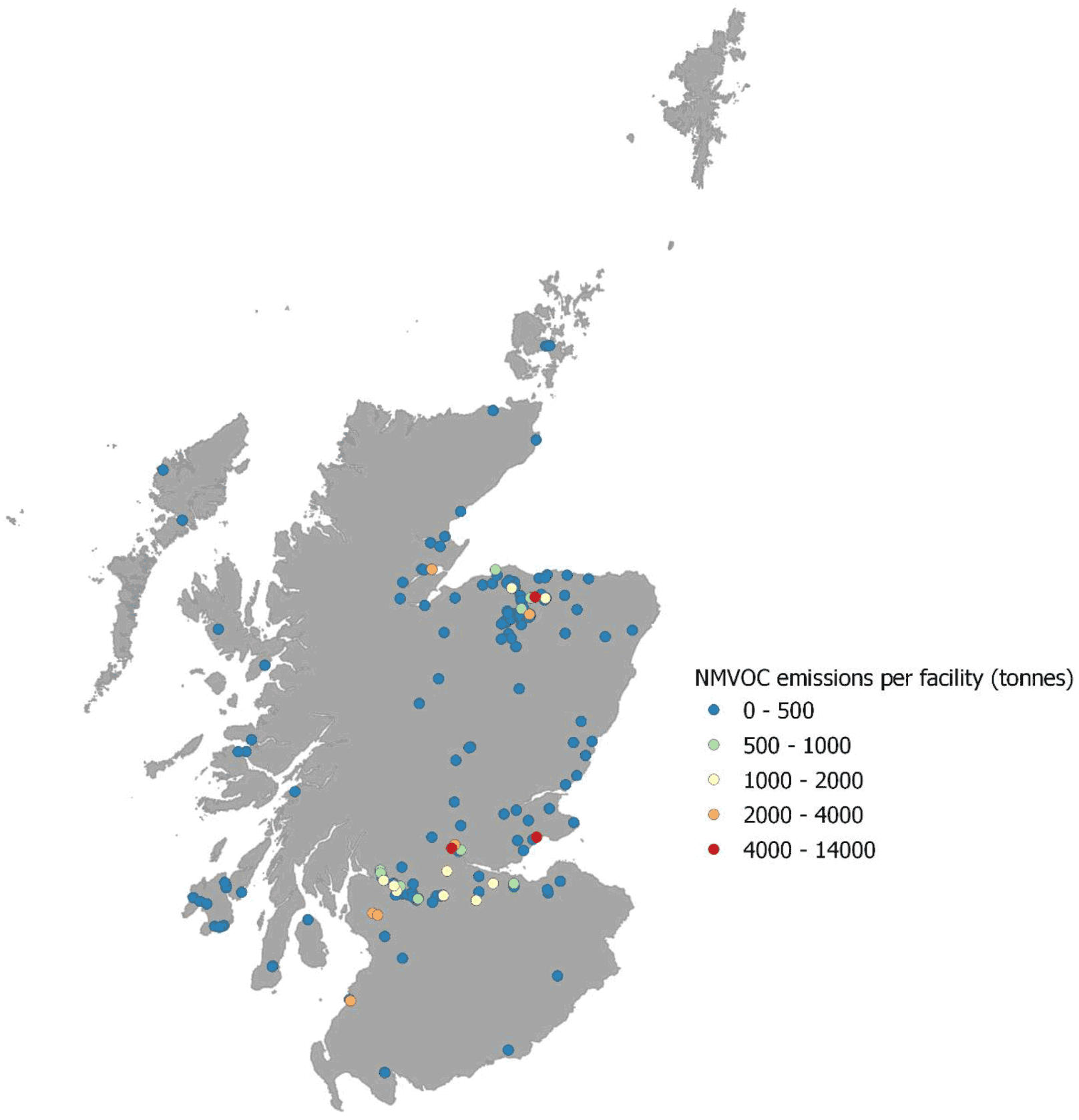 Locations of Scotch whisky production sites in Scotland and their annual NMVOC emissions.