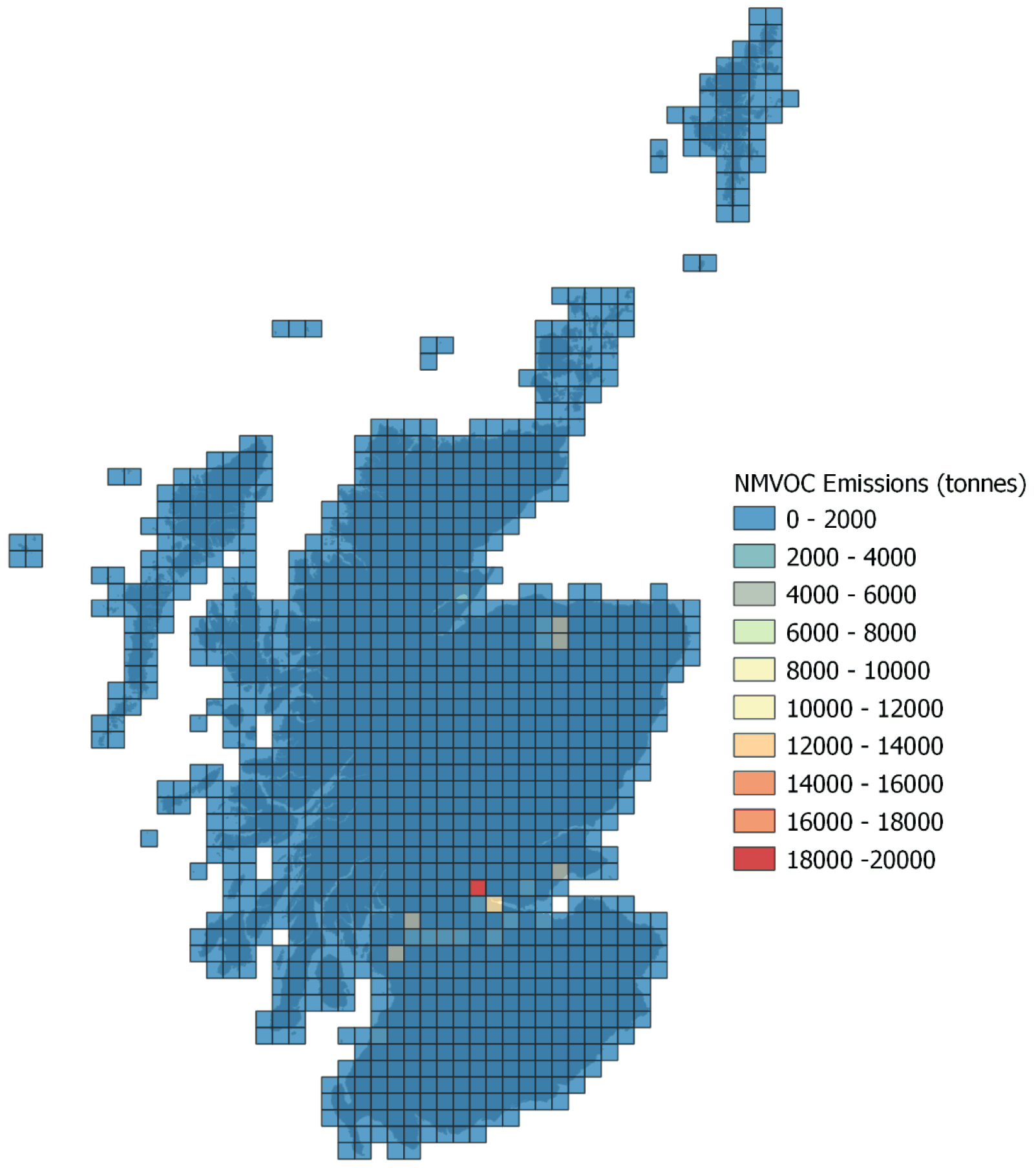 Scotland divided into 10 km x 10 km grid squares showing total NMVOC emissions in each grid square.